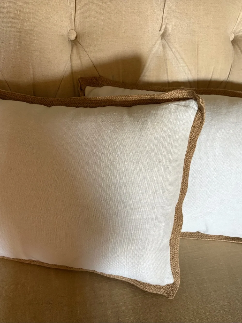 EUC Canaan Company pair of Throw Pillows jute Braid Trim white see pictures
